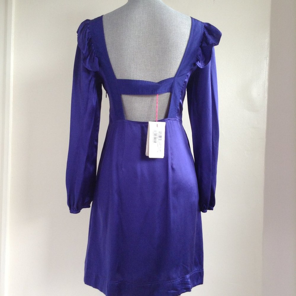 NWT See By Chloe 100% Silk Purple Ruffle Shoulder Open Back Mini Dress S 40 US 4